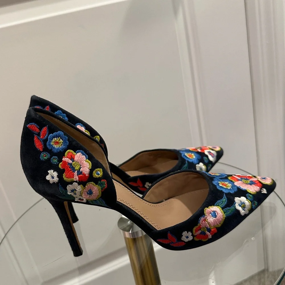 Tory Burch Rosemont Embroidered d'Orsay Pump Heels in Navy Blue, size 6.5